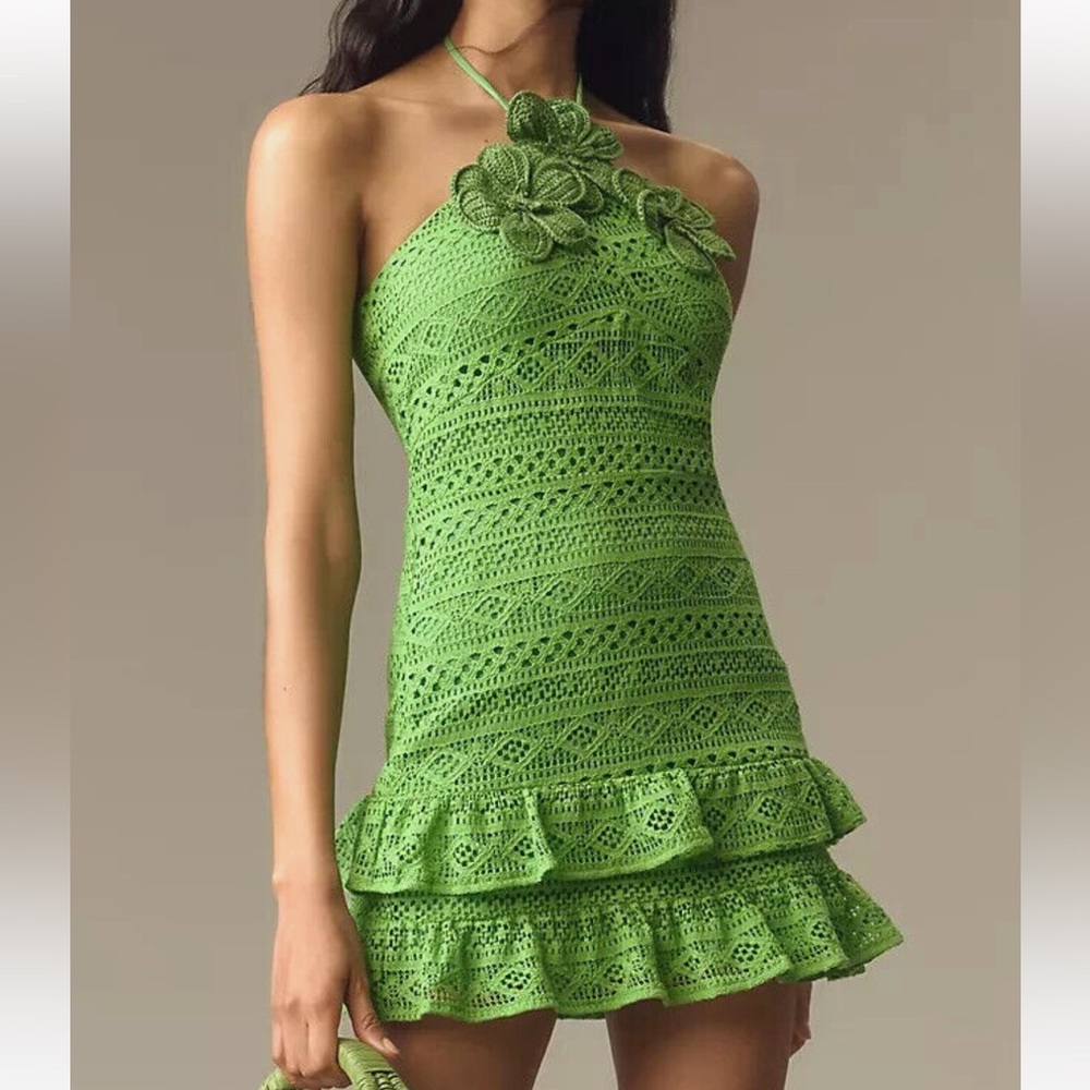 Farm Rio Halter Crochet Dress Anthropologie Floral Ruffle Mini Green